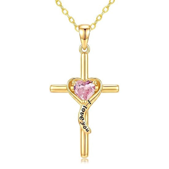 14K Gold Plated Dainty Heart Birthstone Pendant Cross Necklace for Women Religious Gift