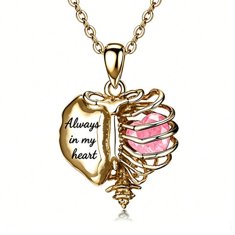 14K Gold Plated  Heart Birthstone Skeleton Necklace With Engraved