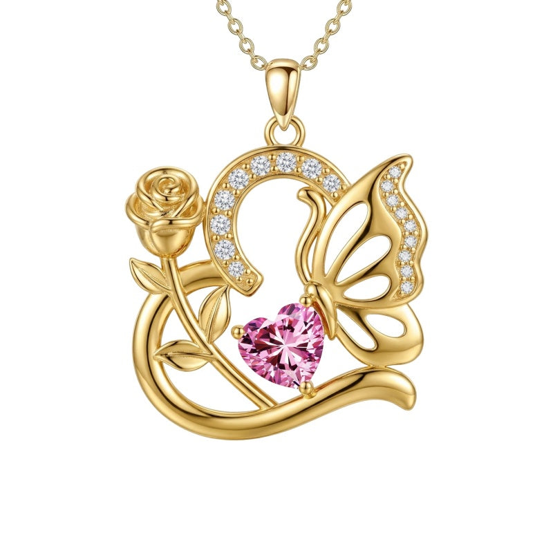 14K Gold Plated Heart Birthstone Rose Mom Butterfly Pendant Necklace for Women