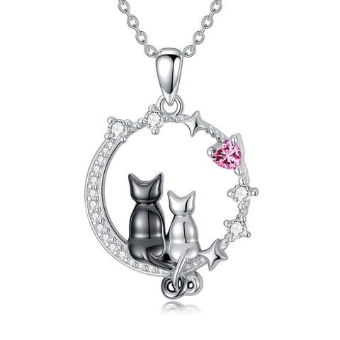 Sterling Silver Cubic Zirconia Two Cats Pendant Necklace