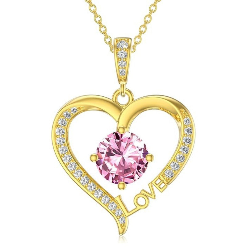 14K Gold Plated  12 Months Heart Birthstone Pendant Necklace Birthday Wedding Anniversary Jewelry Gifts for Women
