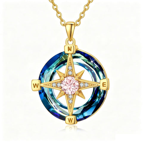 14K Gold Plated Crystal Compass Pendant Necklace Graduation Jewelry Inspirational Travel Valentine's Day Gift