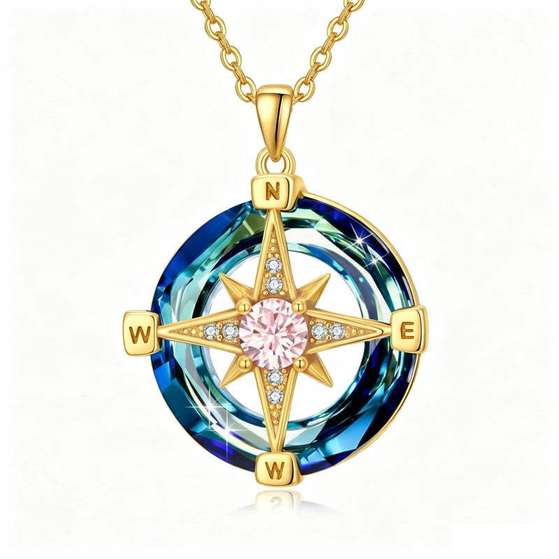 14K Gold Plated Crystal Compass Pendant Necklace Graduation Jewelry Inspirational Travel Valentine's Day Gift