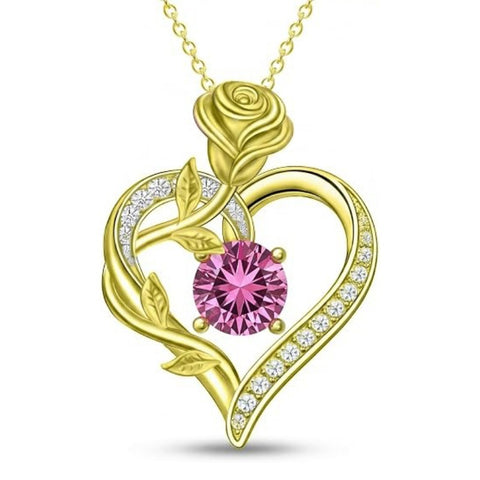 14K Gold Plated 12 Months Birthstone Rose Flower Pendant Necklace Anniversary Birthday Gift