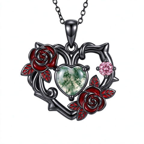 Sterling Silver Black Heart Skeleton Birthstone Necklace With Engraved Halloween Gift