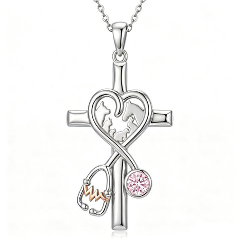 14K Gold Plated  Birthstone Stethoscope Cross Necklace Graduation Gifts for Women RN