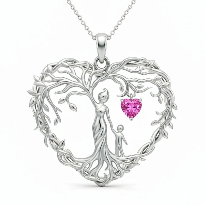 Sterling Silver Heart Pendant Birthstone Tree of Life Mother Child Family Necklace