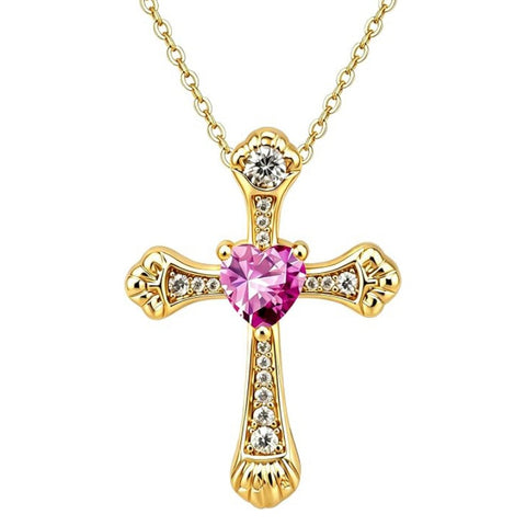 14K Gold Plated Heart Cut Cubic Zirconia Cross  Pendant Necklace For Women Religious Faith Jewelry