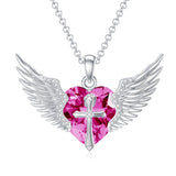 Sterling Silver Birthstone Angel Wings&Cross Pendant Necklace