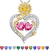 Sterling Silver Double Heart Birthstone Sunflower Necklace Engraved with You Are My Sunshine