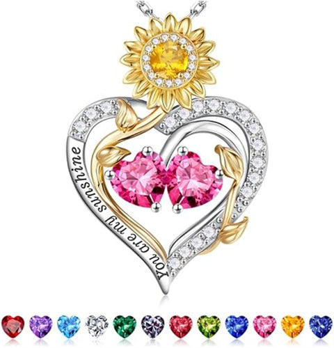 Sterling Silver Double Heart Birthstone Sunflower Necklace Engraved with You Are My Sunshine