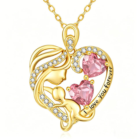 10K 14K 18K Gold Double Birthstone Heart Mother Son/Daughter Pendant Necklace for Mom