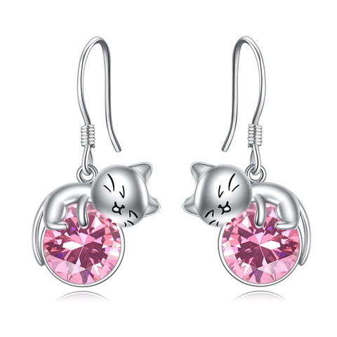 Sterling Silver Rose Quartz Birthstone Cat Dangle Earrings