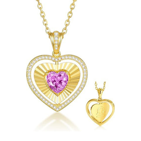 14K Gold  Plated Reversible Heart Birthstone Necklace with Zodiac Engraved Back Gifts for Women