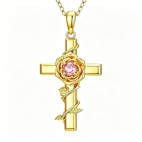 Birthstone Cross 14K Gold Plated Pendant Rose Cross Necklace for Women