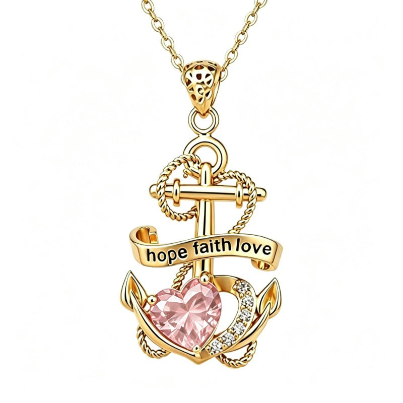 14K Gold Plated Heart Birthstone Anchor Necklace Engraved with Hope Faith Love