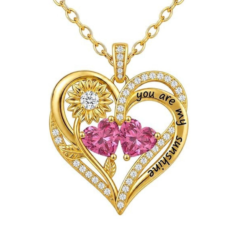 Double Birthstone Necklace 14K Gold Plated You Are My Sunshine Sunflower Necklace Heart Pendant Necklace