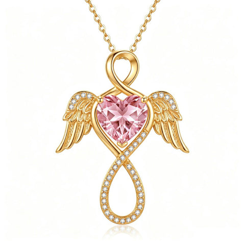 14K Gold Plated 12-Month Birthstone Infinity Angel Wings Pendant Necklace for Women