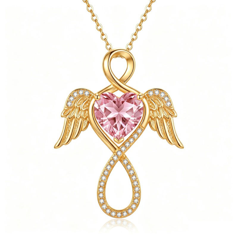 14K Gold Plated 12-Month Birthstone Infinity Angel Wings Pendant Necklace for Women