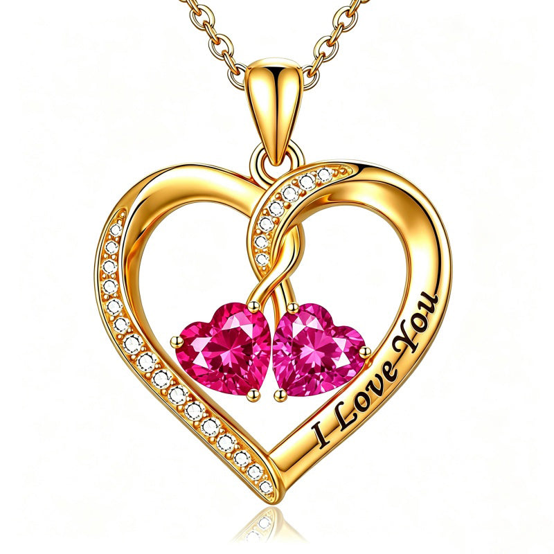 14K Gold Plated Double Heart Birthstone Rose Pendant Necklace for Women