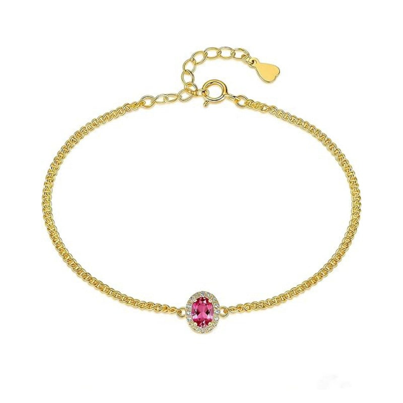 14K Gold Plated Halo Oval Birthstone Cuban Chain Bracelets for Her