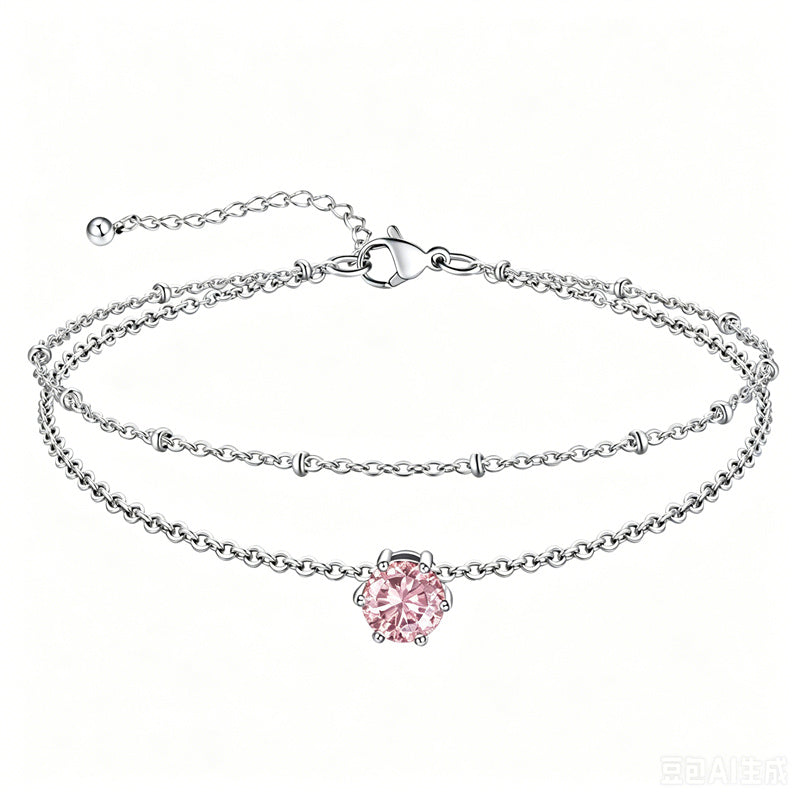 Sterling Silver  Round Birthstone Double Layer Charm Anklet