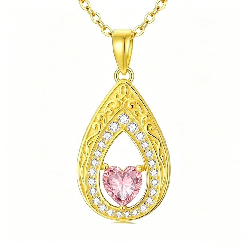 Vintage Teardrop Birthstone 14K Yellow Gold Plated Pendant Necklace for Women