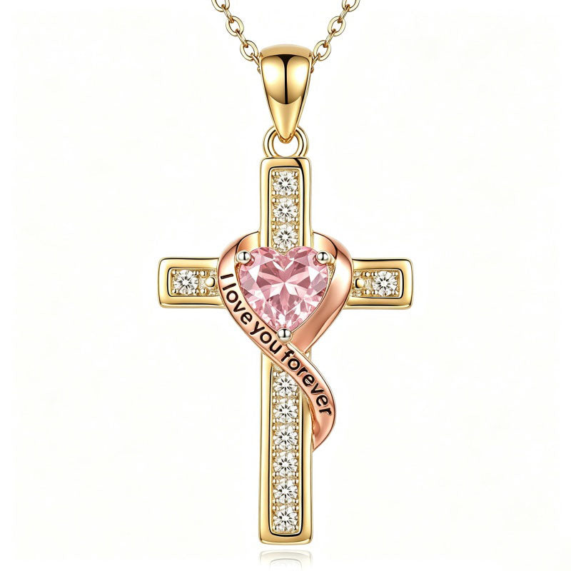 14K Gold Plated  Birthstone Cross Necklace Engraved I Love You Forever