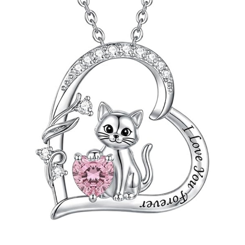 Sterling Silver Birthstone Cat Pendant Necklace Jewelry Christmas Birthday Gifts for Women