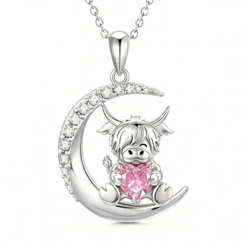Sterling Silver Round Heart Birthstone Highland Cow Pendant Necklace Fluffy Cow Jewelry Gifts Birthday Christmas