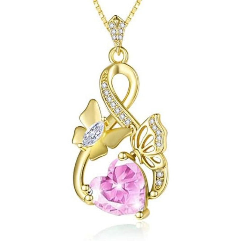 Heart Birthstone 14K  Gold Plated Butterfly Pendant Necklace for Women