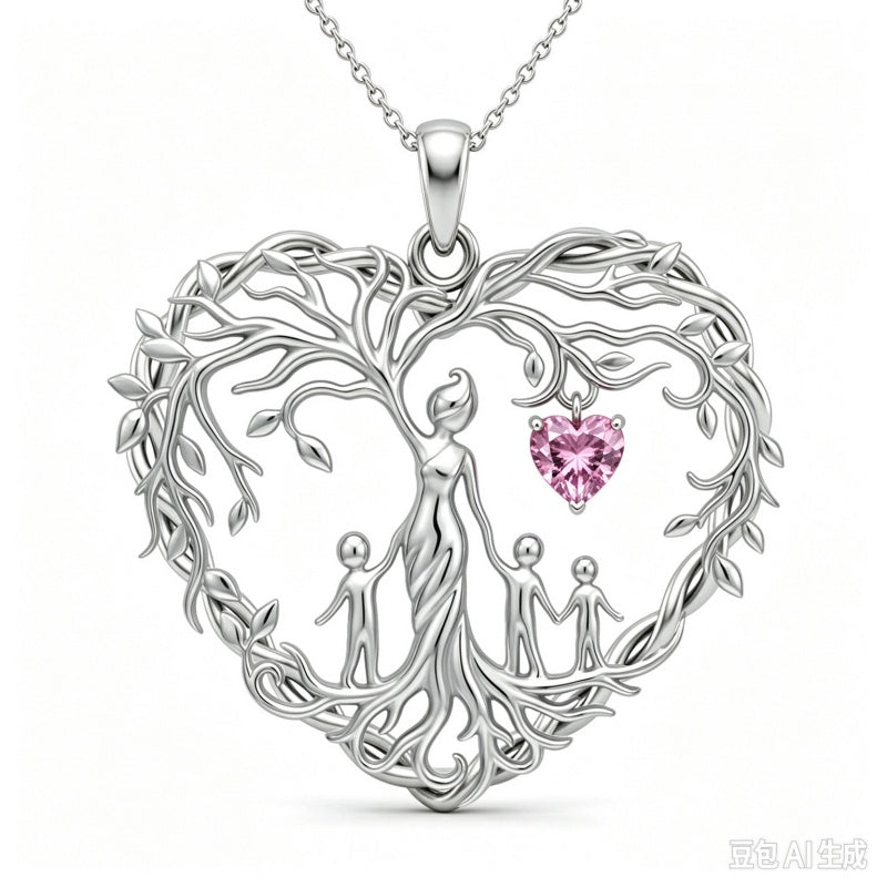 Sterling Silver Heart Pendant Birthstone Tree of Life Mother Child Family Necklace