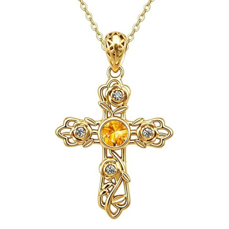 14K Gold Plated Round Cubic Zirconia Filigree Rose Cross Necklace for Women