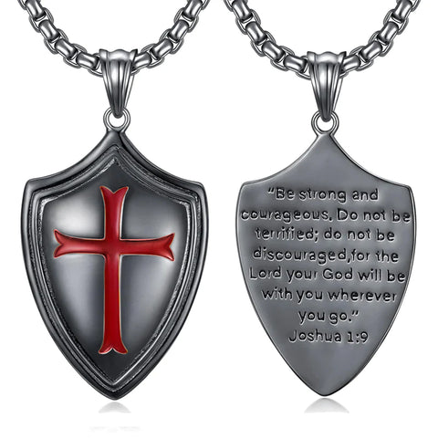 Sterling Silver Knights Templar & Cross Shield Pendant Necklace for Men