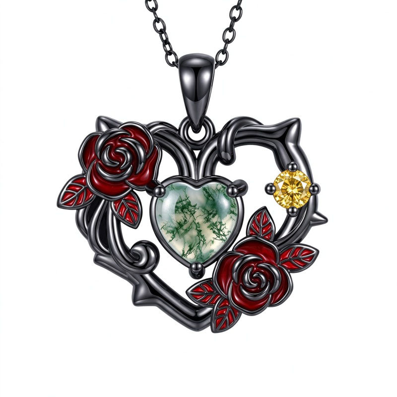 Sterling Silver Black Heart Skeleton Birthstone Necklace With Engraved Halloween Gift
