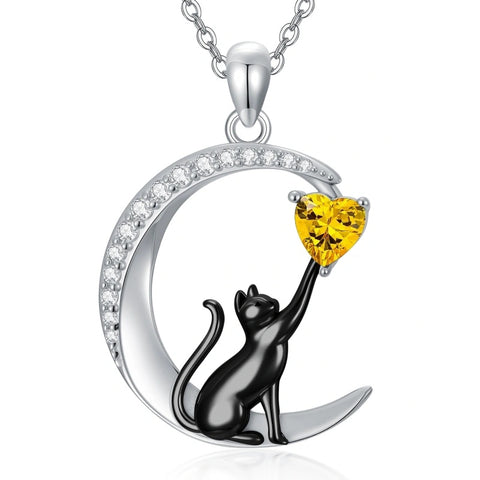 Sterling Silver Heart Birthstone Cat Pendant Necklace