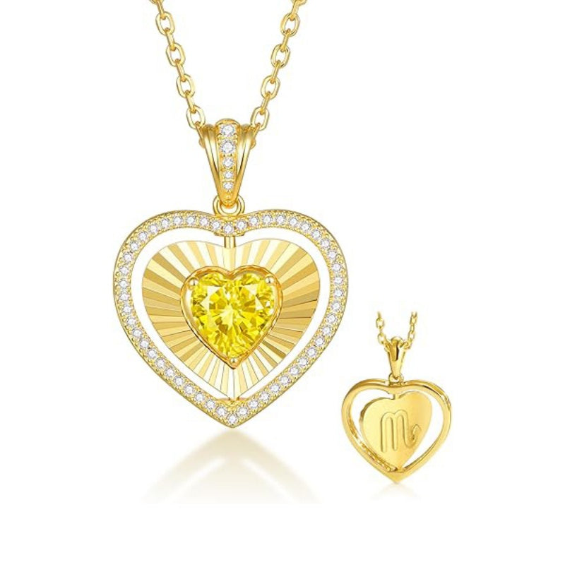 14K Gold  Plated Reversible Heart Birthstone Necklace with Zodiac Engraved Back Gifts for Women