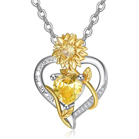 Sterling Sliver Birthstone Love Heart & Sunflower Pendant Necklace Engraved With You Are My Sunshine