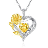 Sterling Sliver Birthstone Love Heart & Sunflower Pendant Necklace Engraved With You Are My Sunshine