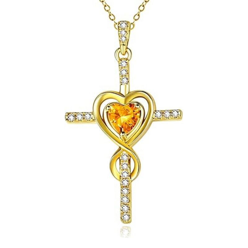 14K Gold Plated Dainty Heart Birthstone Pendant Cross Necklace for Women Religious Gift