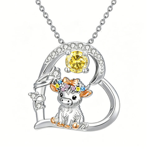 Sterling Silver Round Heart Birthstone Highland Cow Pendant Necklace Fluffy Cow Jewelry Gifts Birthday Christmas