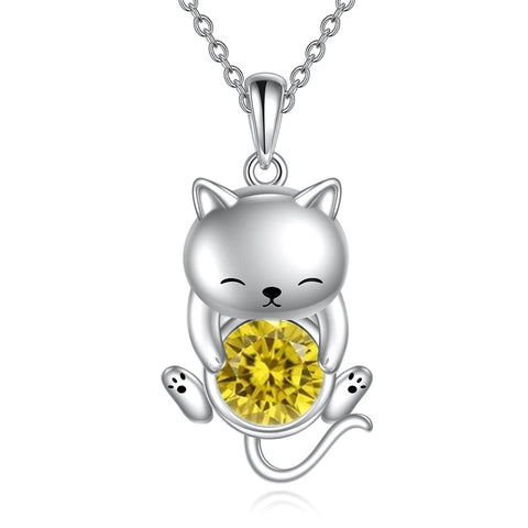 Silver Cat 12 Month Birthstone Pendant Necklace