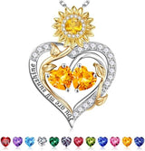 Sterling Silver Double Heart Birthstone Sunflower Necklace Engraved with You Are My Sunshine