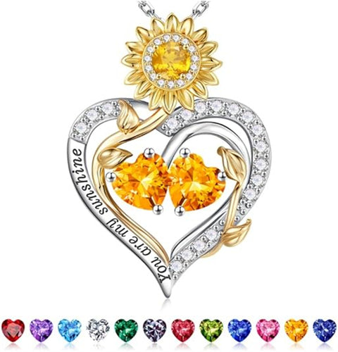 Sterling Silver Double Heart Birthstone Sunflower Necklace Engraved with You Are My Sunshine