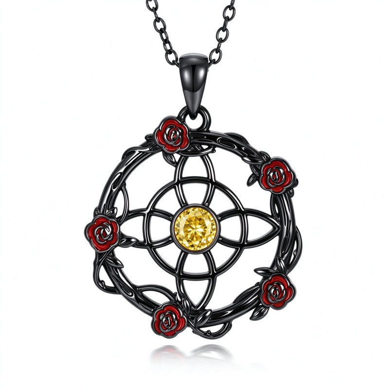 Sterling Silver Black Heart Skeleton Birthstone Necklace With Engraved Halloween Gift