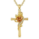 14K Gold Plated Birthstone Rose Cross Necklace for Women Faith Jewelry Gift