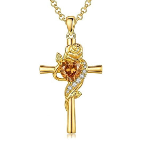 14K Gold Plated Birthstone Rose Cross Necklace for Women Faith Jewelry Gift