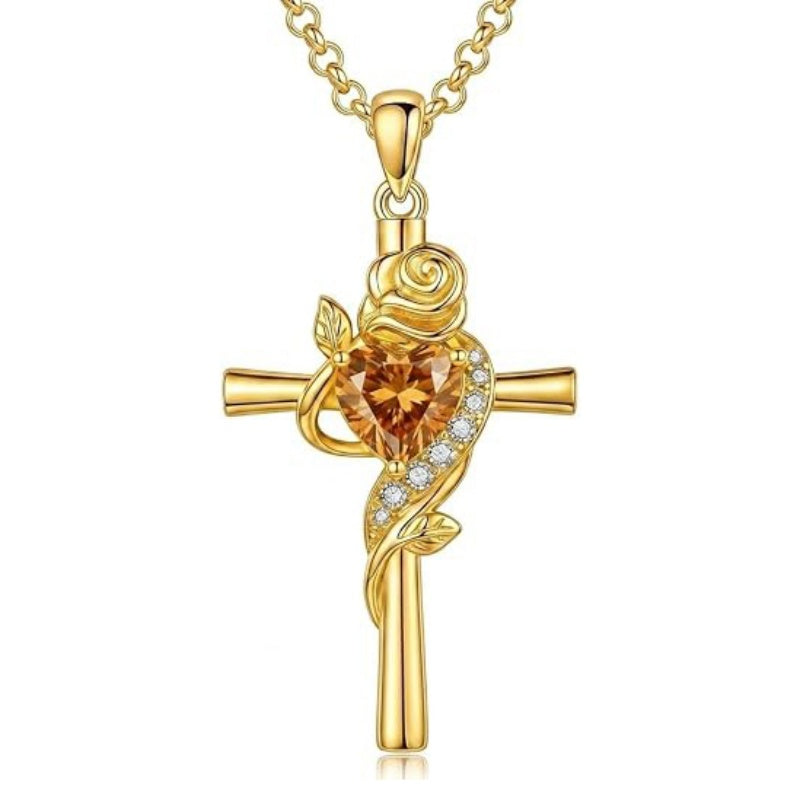 14K Gold Plated Birthstone Rose Cross Necklace for Women Faith Jewelry Gift