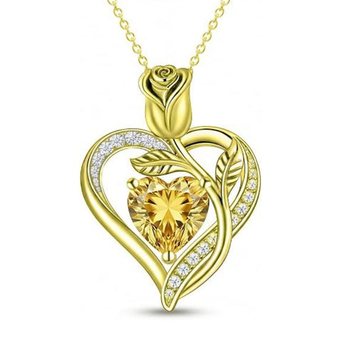 14K Gold Plated 12 Months Birthstone Rose Flower Pendant Necklace Anniversary Birthday Gift