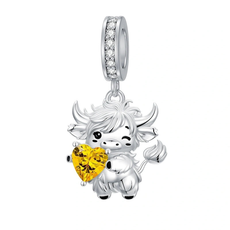 Sterling Silver 12 Month Birthstone Highland Cow Charm Beads